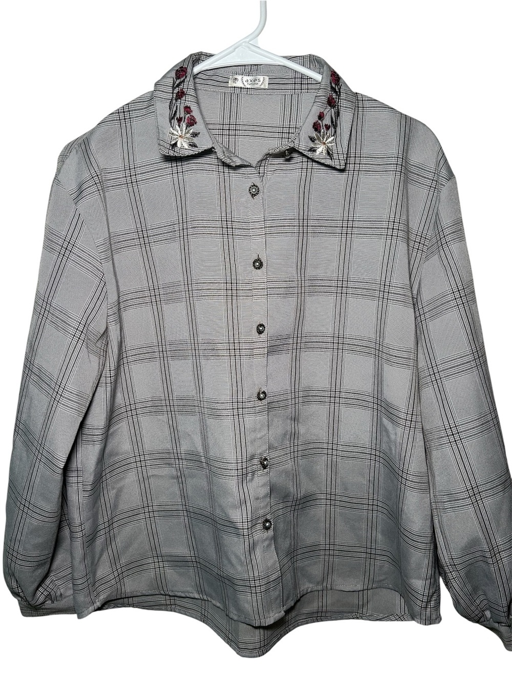 Axes Femme Women's Gray Plaid Button-Up Shirt Embroidered Collar Western Country